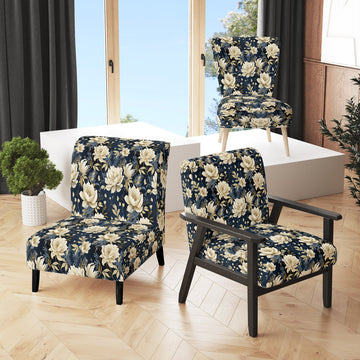 Industrial Ivory & Blue Fusion Floral Pattern - Upholstered Cottage Accent Chairs